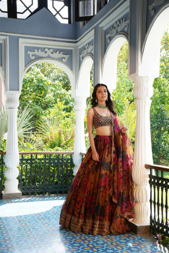 Brown Elegant Tabby Organza Lehenga Set with Digital Print & Sequins Work ClothsVilla