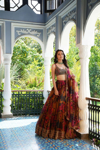Brown Elegant Tabby Organza Lehenga Set with Digital Print & Sequins Work ClothsVilla