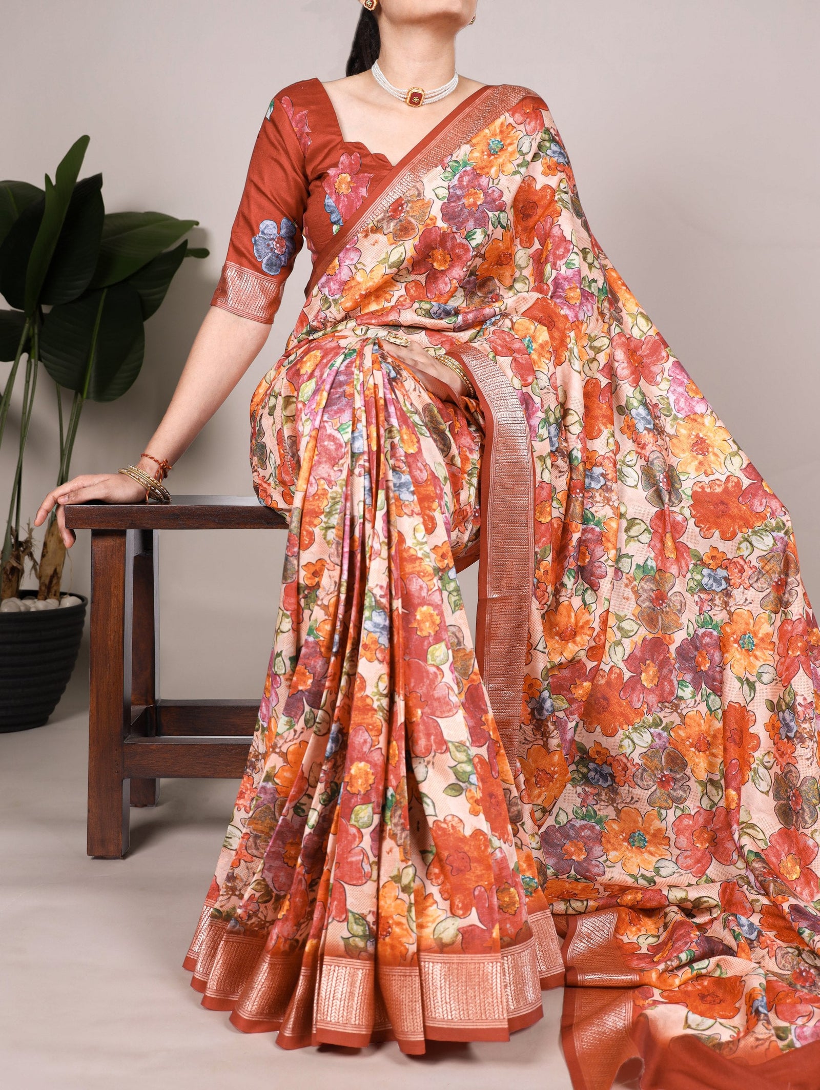 Brown Elegant Tussar Silk Floral Printed Saree with Viscose Border ClothsVilla