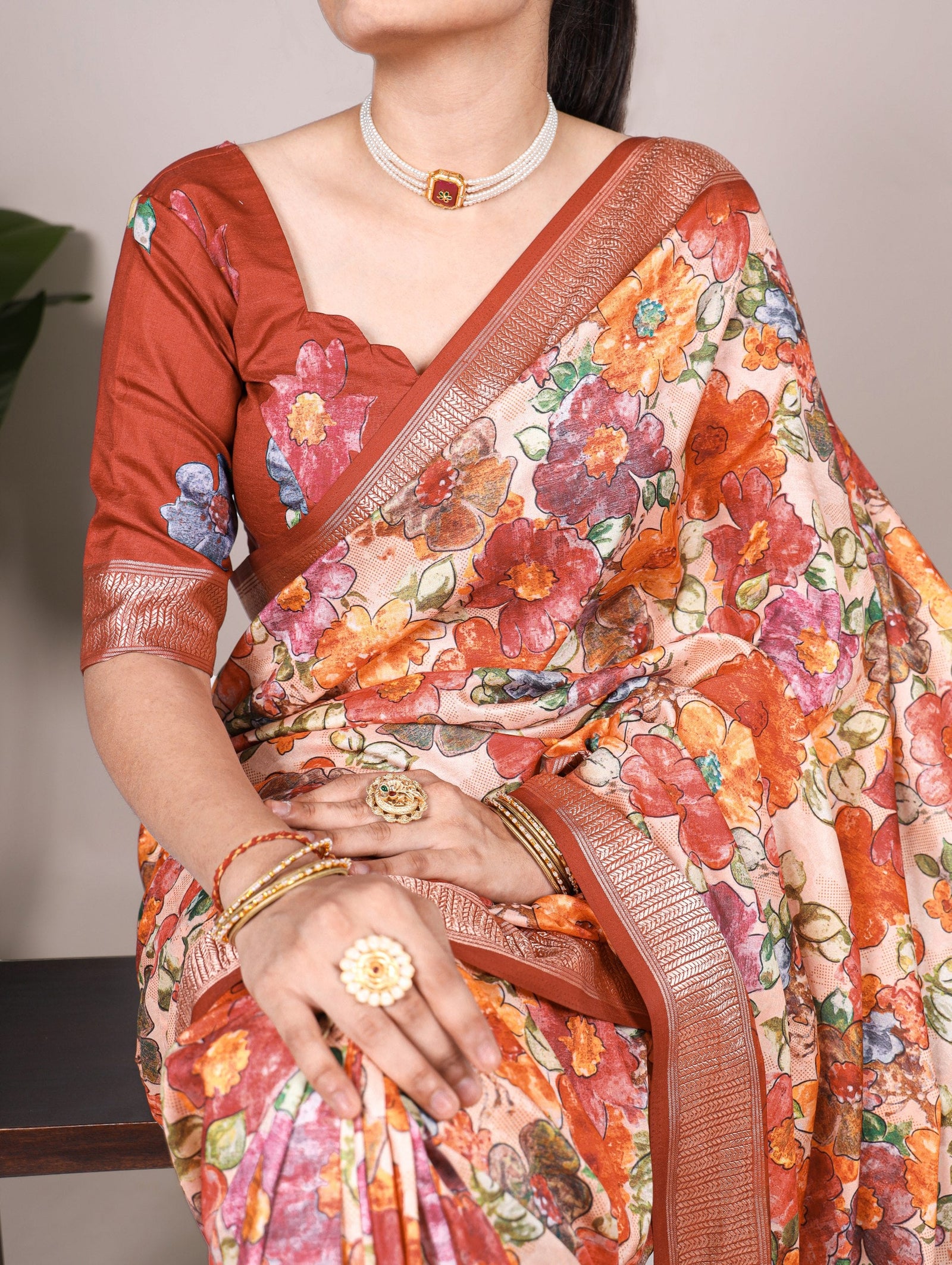 Brown Elegant Tussar Silk Floral Printed Saree with Viscose Border ClothsVilla