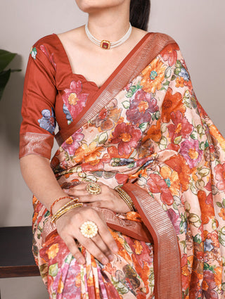 Brown Elegant Tussar Silk Floral Printed Saree with Viscose Border ClothsVilla