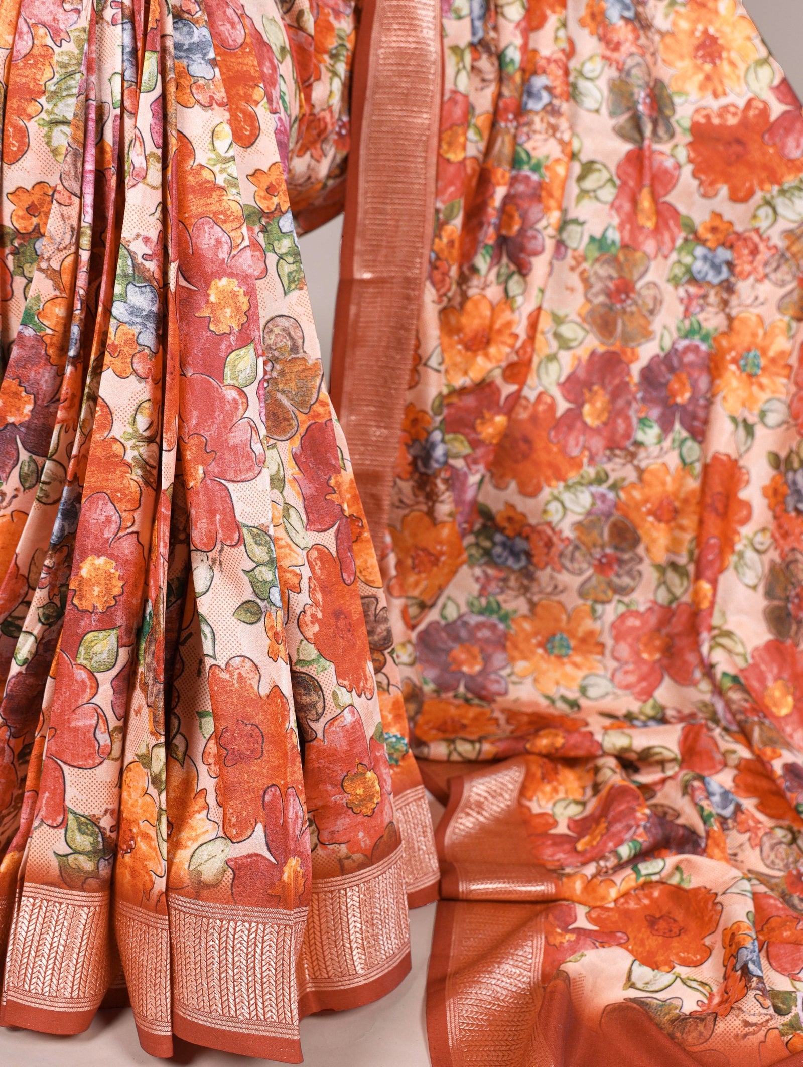Brown Elegant Tussar Silk Floral Printed Saree with Viscose Border ClothsVilla