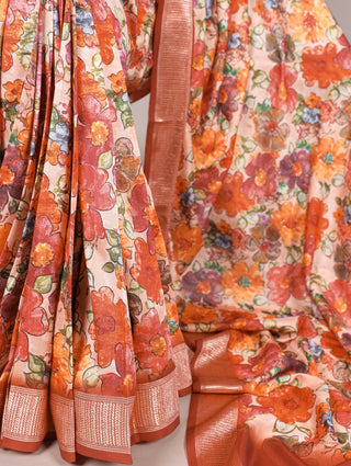 Brown Elegant Tussar Silk Floral Printed Saree with Viscose Border ClothsVilla