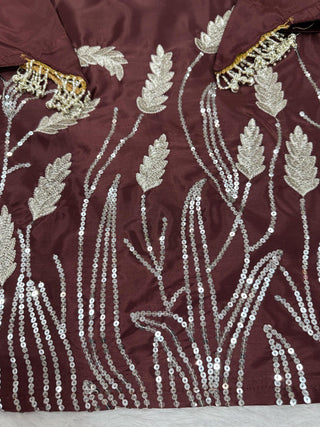 Brown Embroidered Faux Georgette Farshi Suit Set with Organza Dupatta ClothsVilla