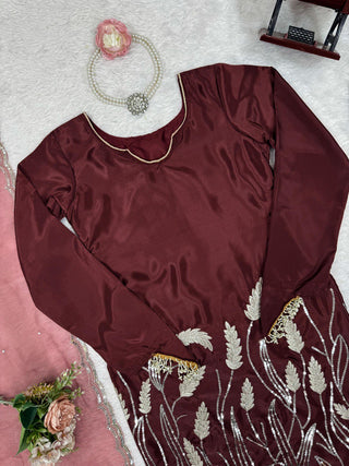 Brown Embroidered Faux Georgette Farshi Suit Set with Organza Dupatta ClothsVilla