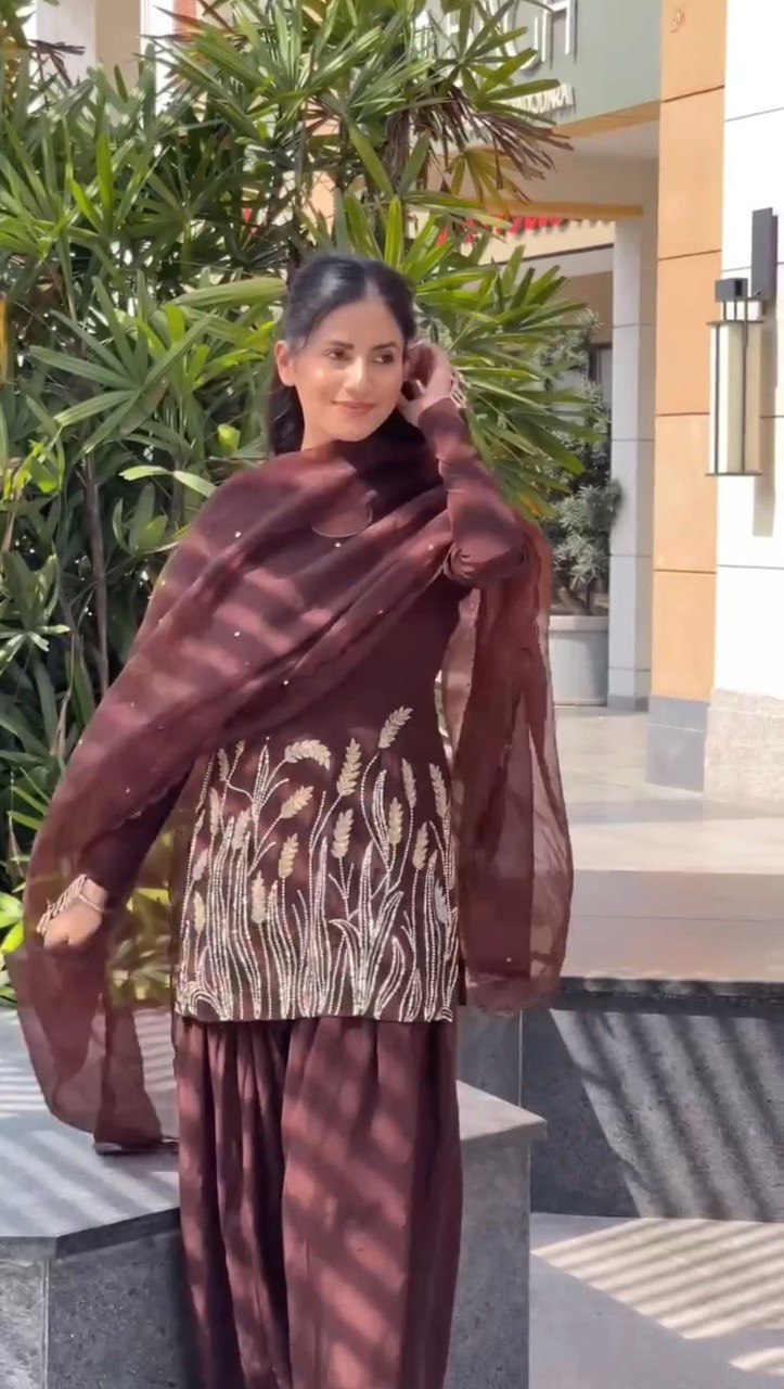 Brown Embroidered Faux Georgette Farshi Suit Set with Organza Dupatta ClothsVilla