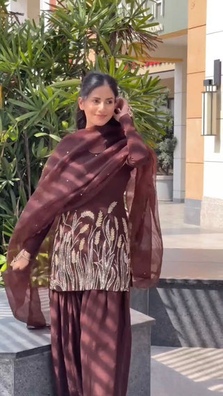 Brown Embroidered Faux Georgette Farshi Suit Set with Organza Dupatta ClothsVilla