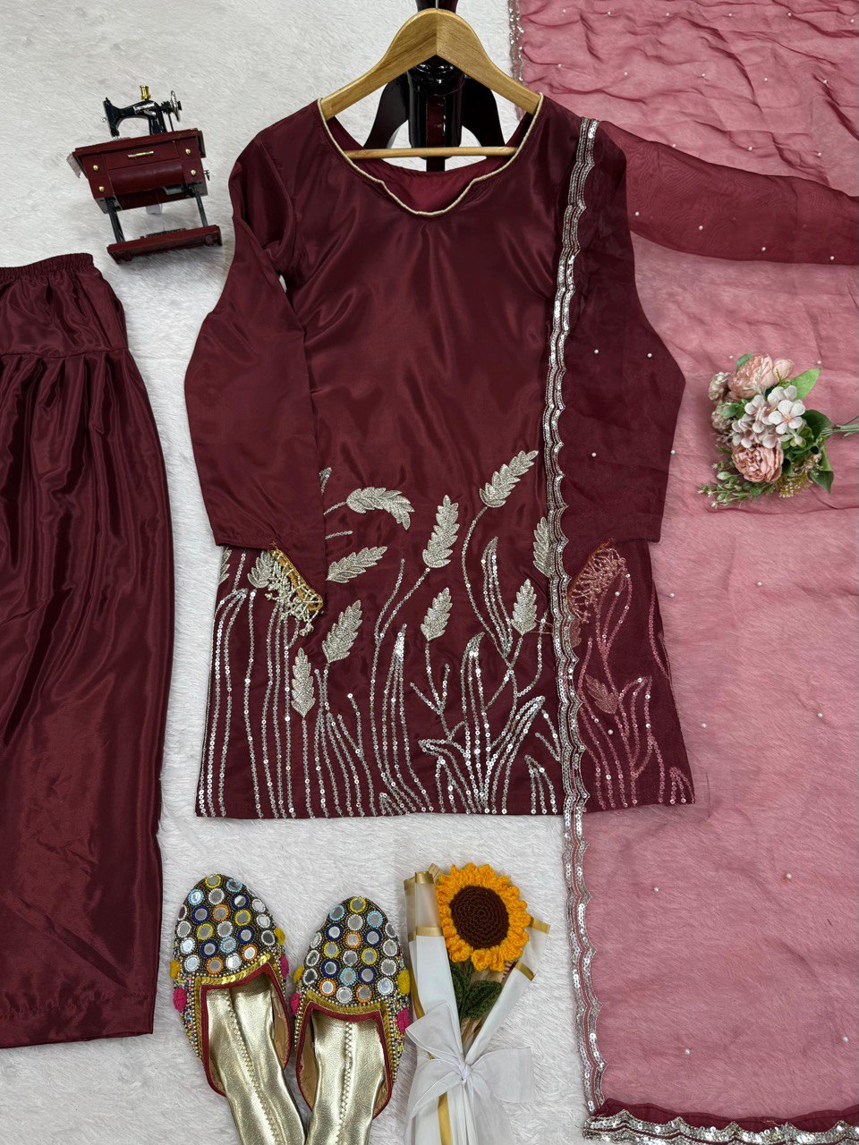Brown Embroidered Faux Georgette Farshi Suit Set with Organza Dupatta ClothsVilla