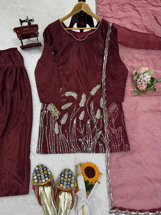 Brown Embroidered Faux Georgette Farshi Suit Set with Organza Dupatta ClothsVilla