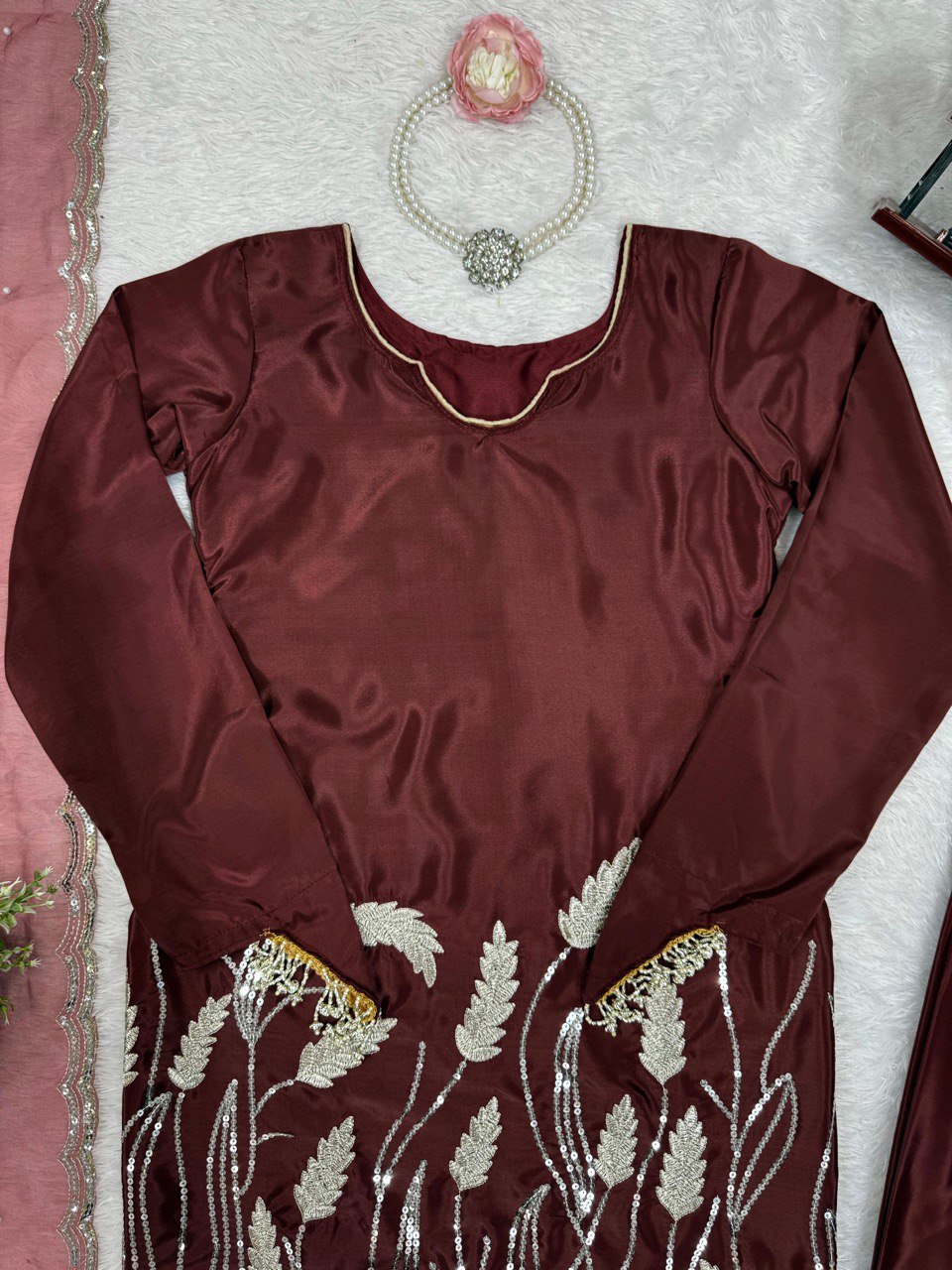 Brown Embroidered Faux Georgette Farshi Suit Set with Organza Dupatta ClothsVilla