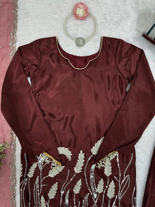 Brown Embroidered Faux Georgette Farshi Suit Set with Organza Dupatta ClothsVilla