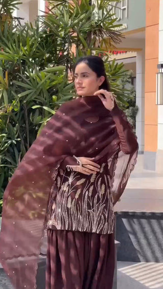 Brown Embroidered Faux Georgette Farshi Suit Set with Organza Dupatta ClothsVilla