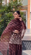 Load image into Gallery viewer, Brown Embroidered Faux Georgette Farshi Suit Set with Organza Dupatta ClothsVilla