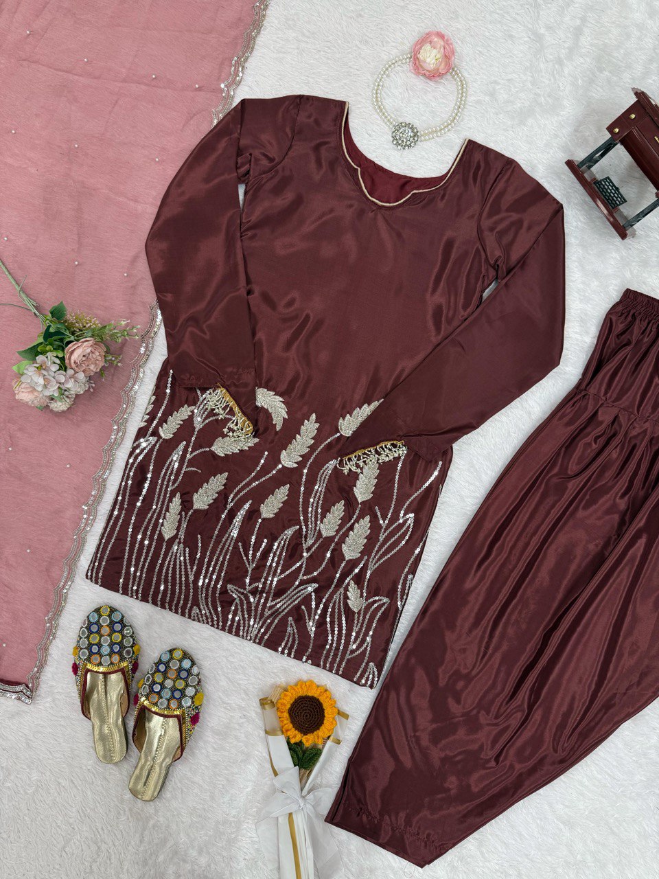 Brown Embroidered Faux Georgette Farshi Suit Set with Organza Dupatta ClothsVilla