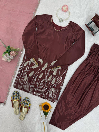 Brown Embroidered Faux Georgette Farshi Suit Set with Organza Dupatta ClothsVilla