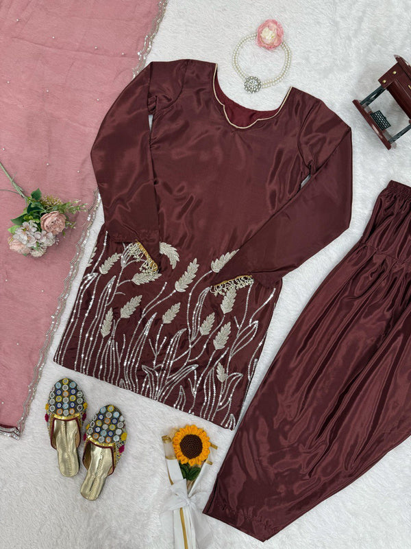Brown Embroidered Faux Georgette Farshi Suit Set with Organza Dupatta ClothsVilla