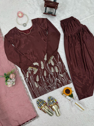 Brown Embroidered Faux Georgette Farshi Suit Set with Organza Dupatta ClothsVilla