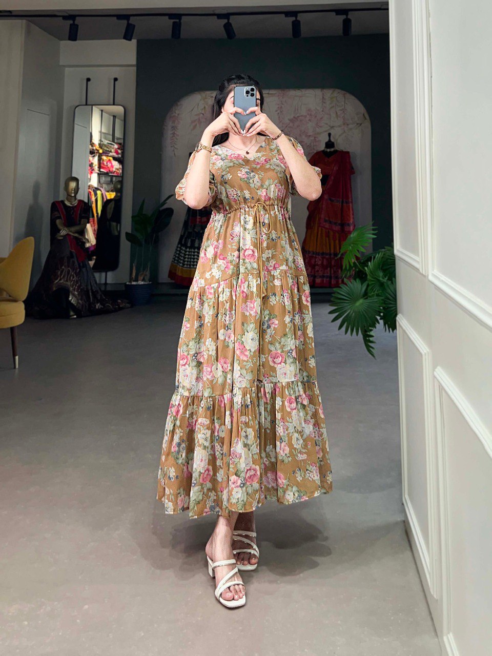 Brown Flower Fields Georgette Frock - Dreamy Florals for the Summer ClothsVilla Main image