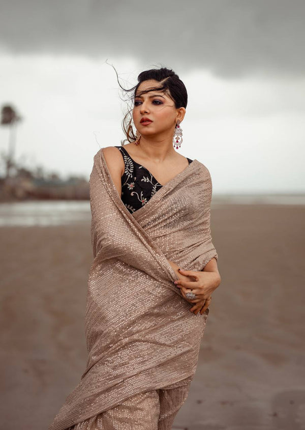 Brown Glow in Elegance – Skin Sequin Georgette Saree Clothsvilla
