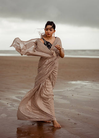Brown Glow in Elegance – Skin Sequin Georgette Saree Clothsvilla