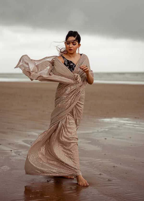 Brown Glow in Elegance – Skin Sequin Georgette Saree Clothsvilla