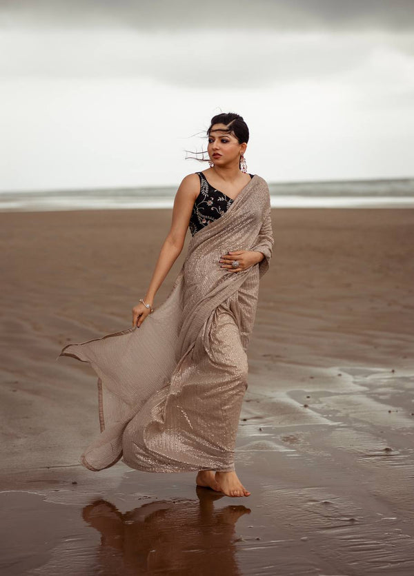 Brown Glow in Elegance – Skin Sequin Georgette Saree Clothsvilla