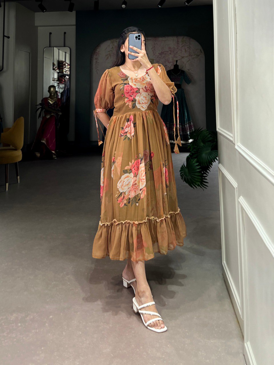 Brown Graceful Floral Georgette Frock – Ethnic Summer Collection