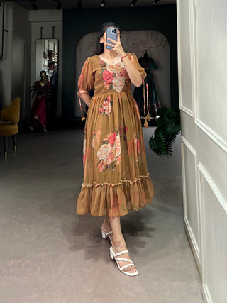 Brown Graceful Floral Georgette Frock – Ethnic Summer Collection