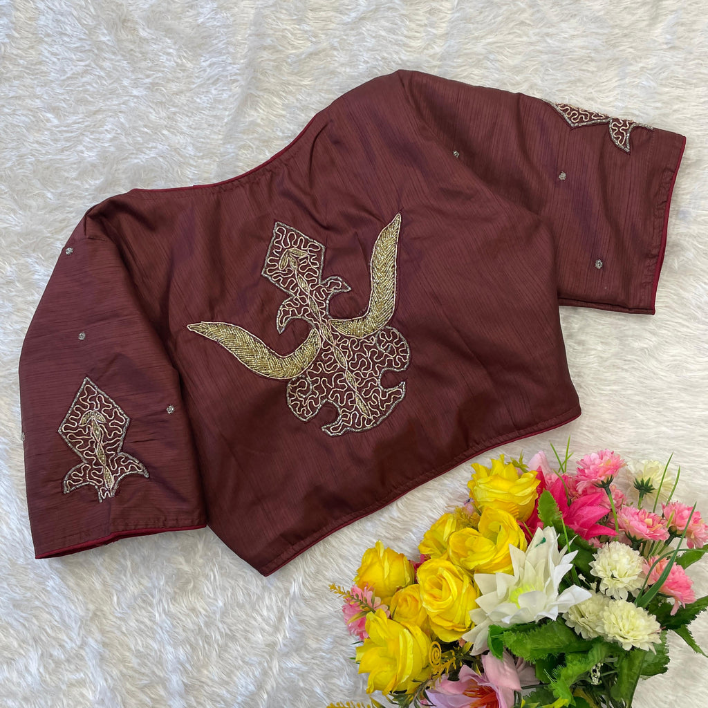 Brown Handcrafted Muskan Silk Blouse with Designer Collar and Handwork ClothsVilla