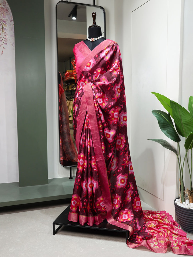 Brown Handloom Kotha Border Saree with Digital Prints ClothsVilla