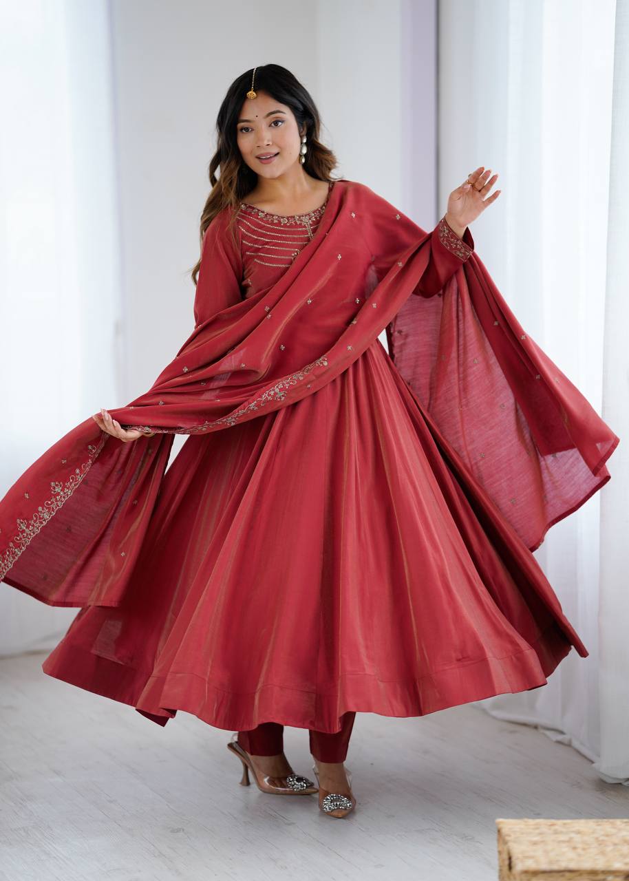 Brown Heavy Roman Shimmer Chanderi Silk Anarkali Set with Handwork Beads & Dupatta ClothsVilla