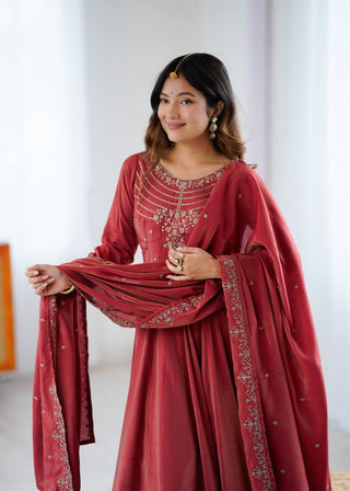 Brown Heavy Roman Shimmer Chanderi Silk Anarkali Set with Handwork Beads & Dupatta ClothsVilla