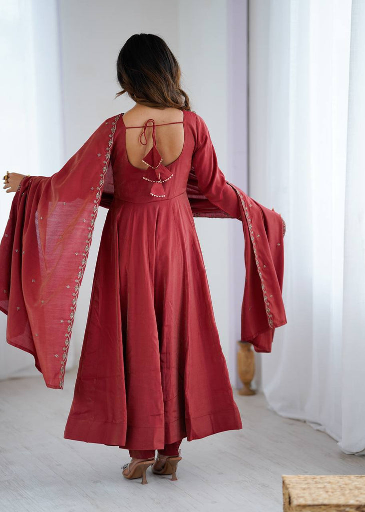 Brown Heavy Roman Shimmer Chanderi Silk Anarkali Set with Handwork Beads & Dupatta ClothsVilla