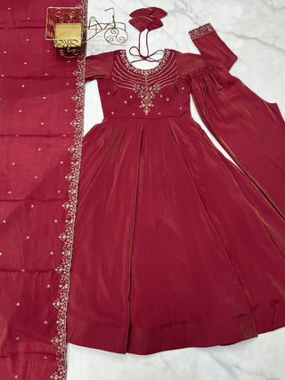 Brown Heavy Roman Shimmer Chanderi Silk Anarkali Set with Handwork Beads & Dupatta ClothsVilla