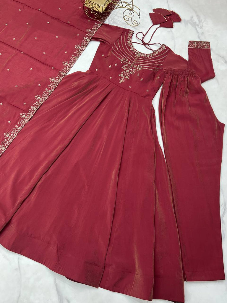 Brown Heavy Roman Shimmer Chanderi Silk Anarkali Set with Handwork Beads & Dupatta ClothsVilla