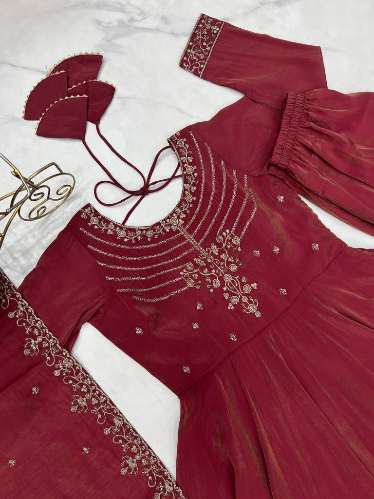 Brown Heavy Roman Shimmer Chanderi Silk Anarkali Set with Handwork Beads & Dupatta ClothsVilla