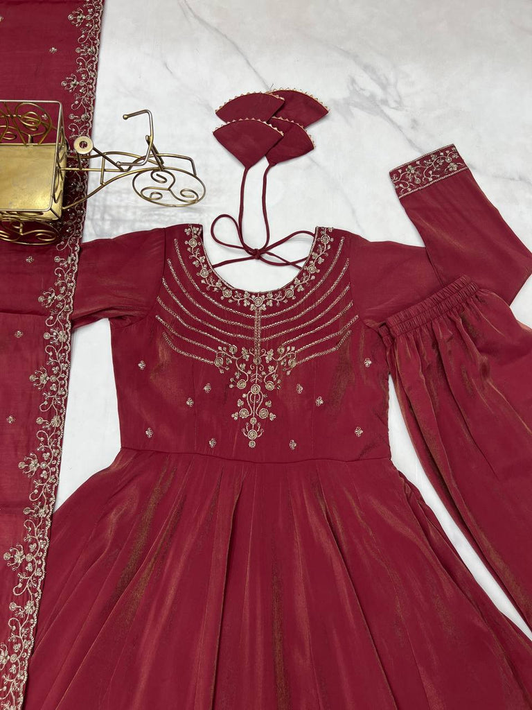 Brown Heavy Roman Shimmer Chanderi Silk Anarkali Set with Handwork Beads & Dupatta ClothsVilla