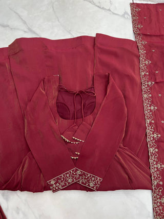 Brown Heavy Roman Shimmer Chanderi Silk Anarkali Set with Handwork Beads & Dupatta ClothsVilla