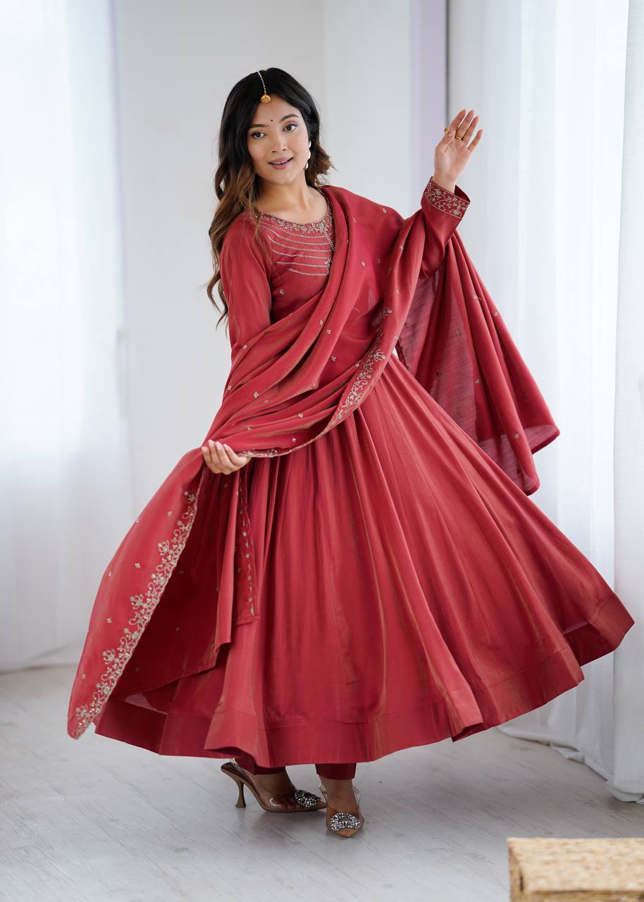 Brown Heavy Roman Shimmer Chanderi Silk Anarkali Set with Handwork Beads & Dupatta ClothsVilla