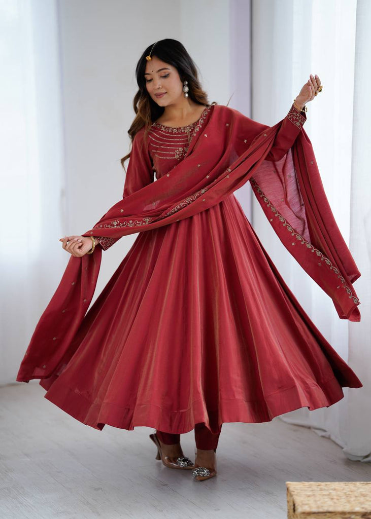 Brown Heavy Roman Shimmer Chanderi Silk Anarkali Set with Handwork Beads & Dupatta ClothsVilla