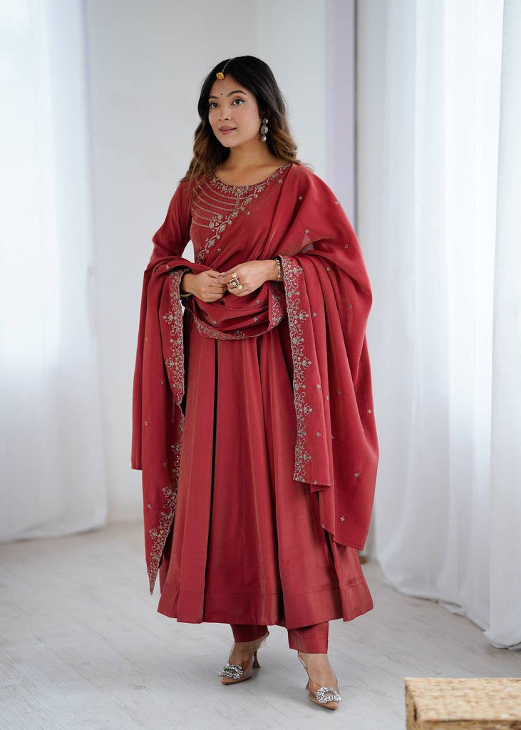 Brown Heavy Roman Shimmer Chanderi Silk Anarkali Set with Handwork Beads & Dupatta ClothsVilla