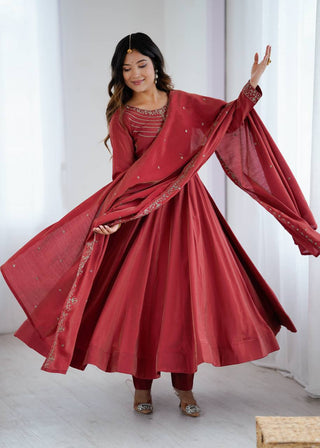 Brown Heavy Roman Shimmer Chanderi Silk Anarkali Set with Handwork Beads & Dupatta ClothsVilla