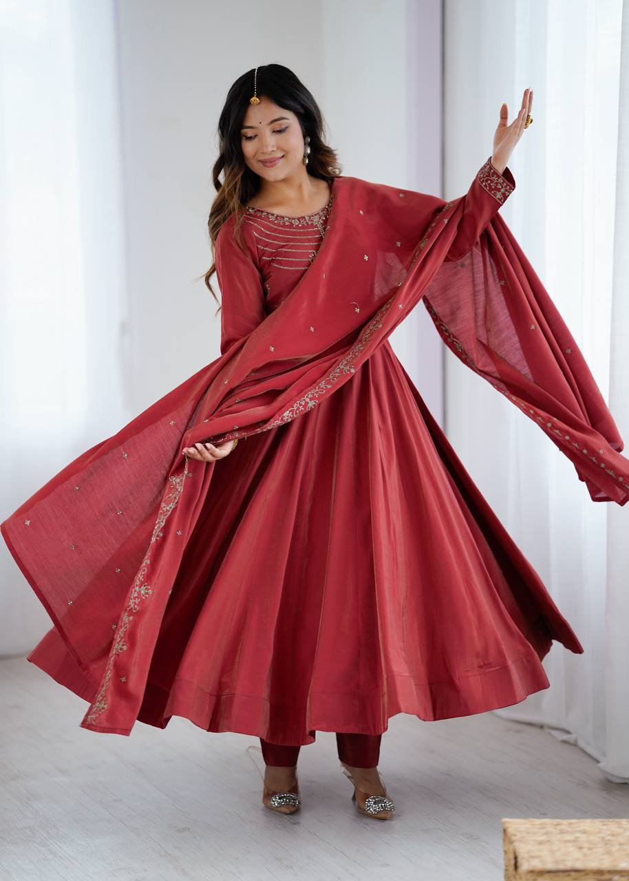 Brown Heavy Roman Shimmer Chanderi Silk Anarkali Set with Handwork Beads & Dupatta ClothsVilla