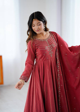 Brown Heavy Roman Shimmer Chanderi Silk Anarkali Set with Handwork Beads & Dupatta ClothsVilla