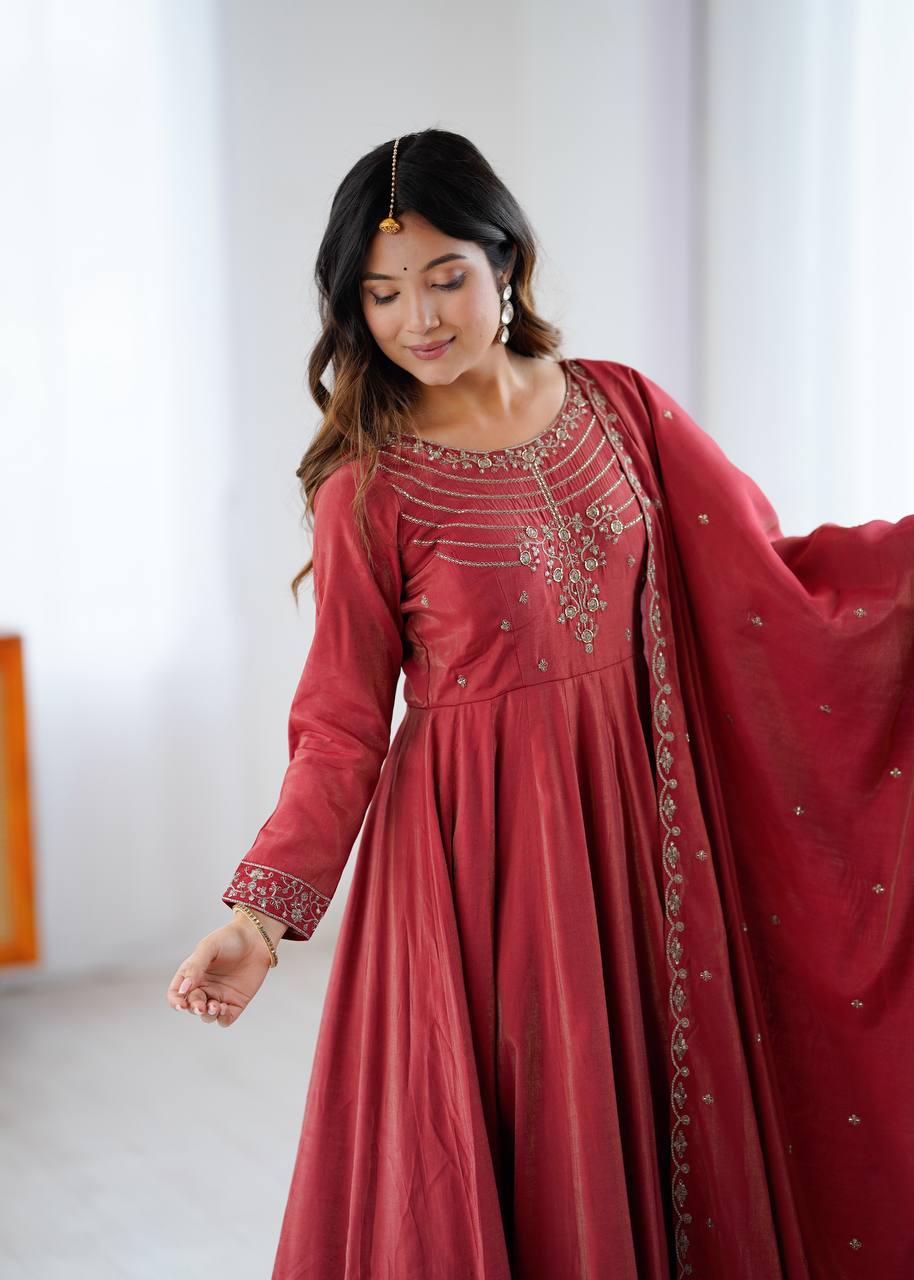 Brown Heavy Roman Shimmer Chanderi Silk Anarkali Set with Handwork Beads & Dupatta ClothsVilla