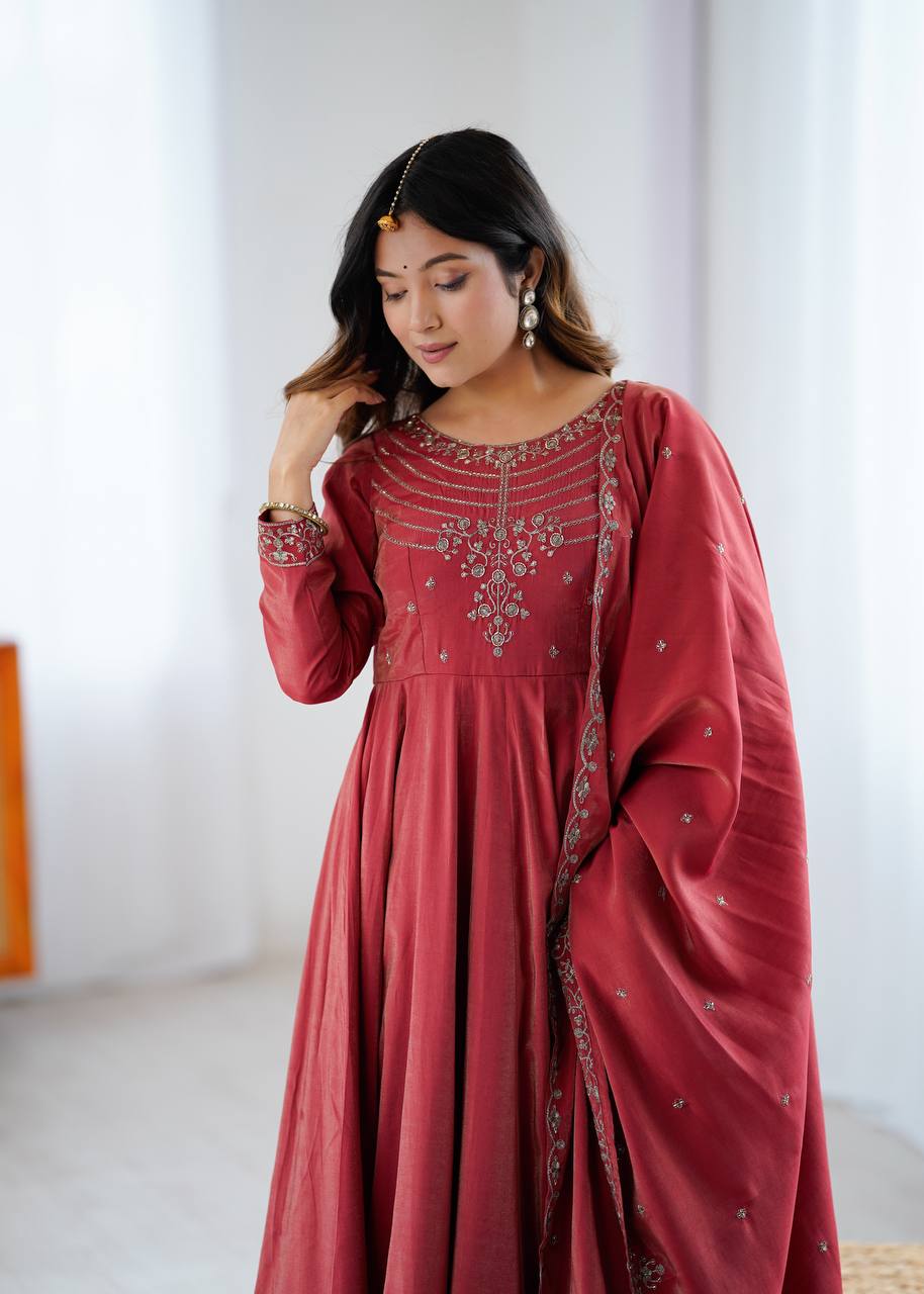 Brown Heavy Roman Shimmer Chanderi Silk Anarkali Set with Handwork Beads & Dupatta ClothsVilla