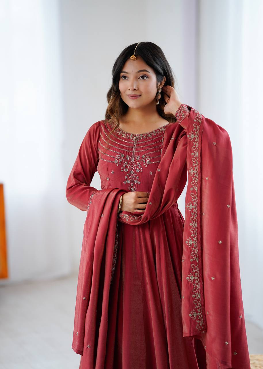 Brown Heavy Roman Shimmer Chanderi Silk Anarkali Set with Handwork Beads & Dupatta ClothsVilla