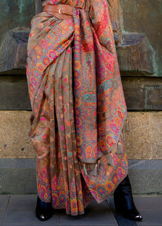 Brown Jamawar Woven Organza Silk Saree – Traditional Elegance with Blouse Piece ClothsVilla