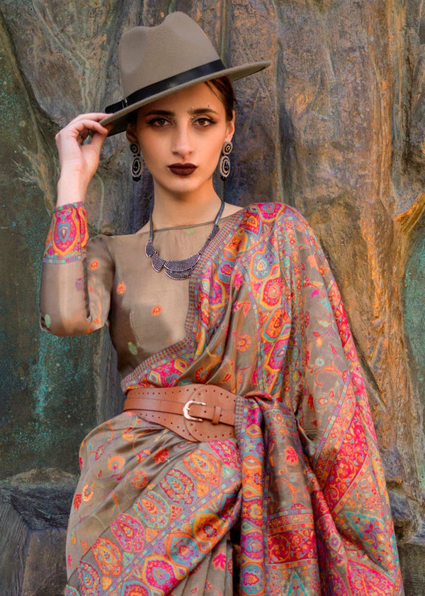 Brown Jamawar Woven Organza Silk Saree – Traditional Elegance with Blouse Piece ClothsVilla