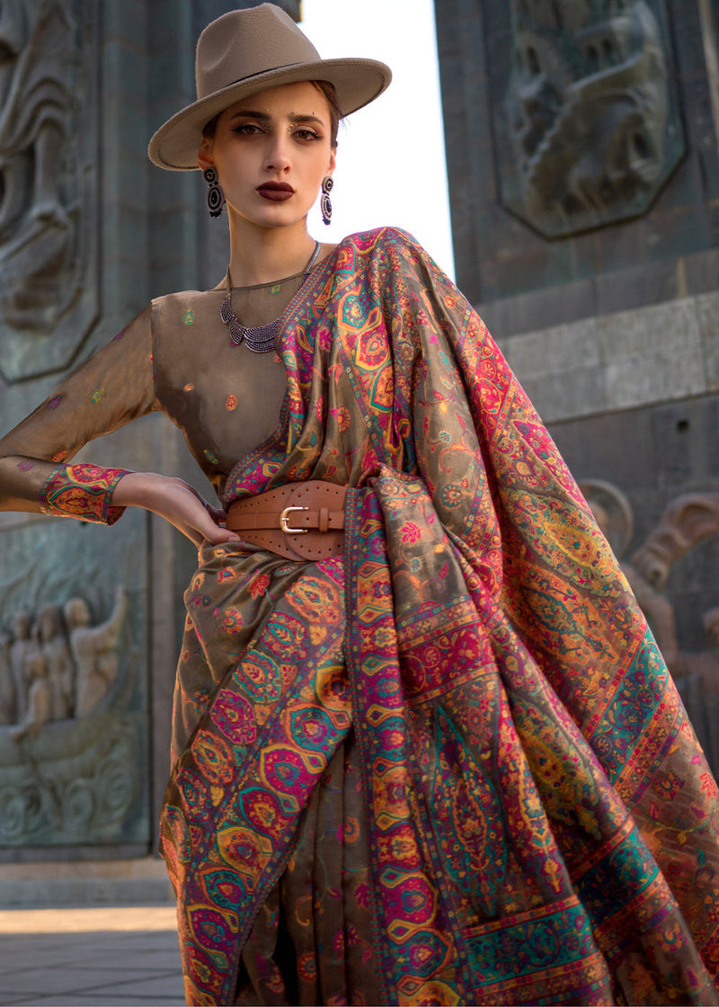 Brown Jamawar Woven Organza Silk Saree – Traditional Elegance with Blouse Piece ClothsVilla
